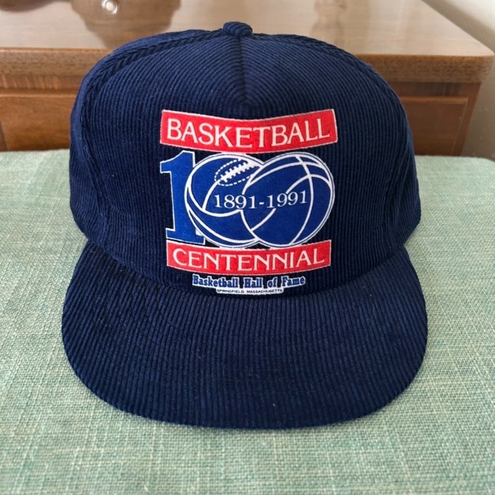 Vintage 1991 Basketball Hall of Fame Centennial Souvenir Navy Blue Corduroy Hat‎
